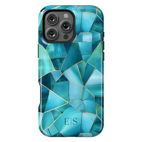 Custom Initials Blue Abstract Stained Glass iPhone Case